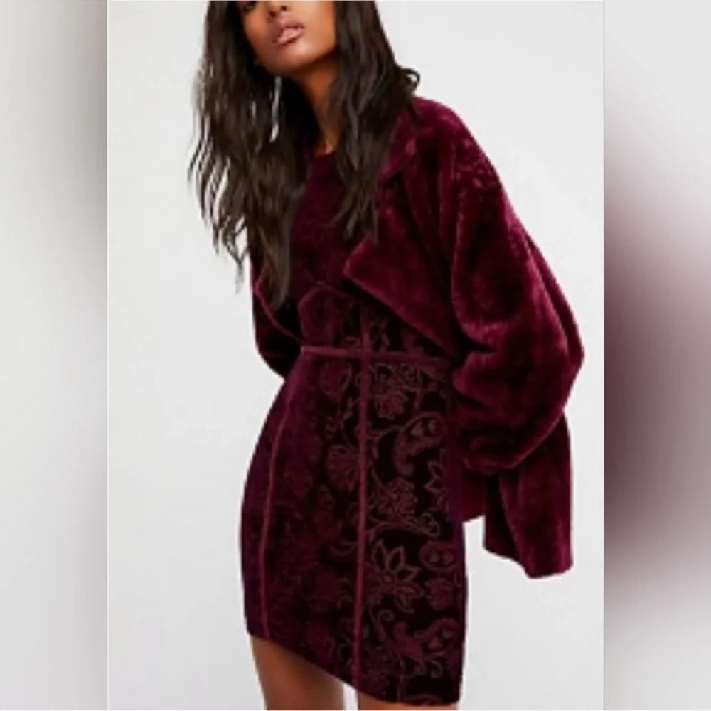 Free People Burnout Babe Velvet Floral Sleeveless Bodycon Mini Dress Rio Vino M